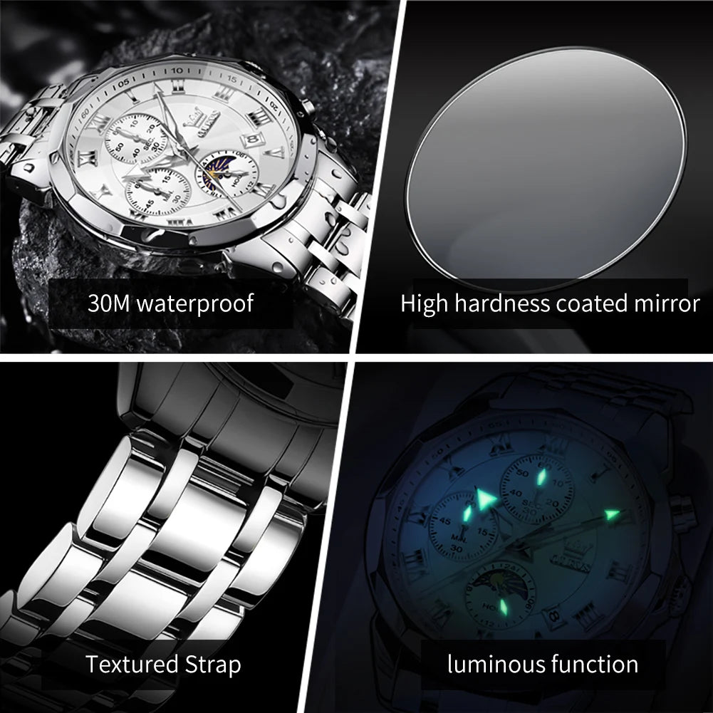 OLEVS High Quality Fashion Business Men Watch Original Stainless Steel Waterproof Multifunction New Quartz Men's Wrist Watches