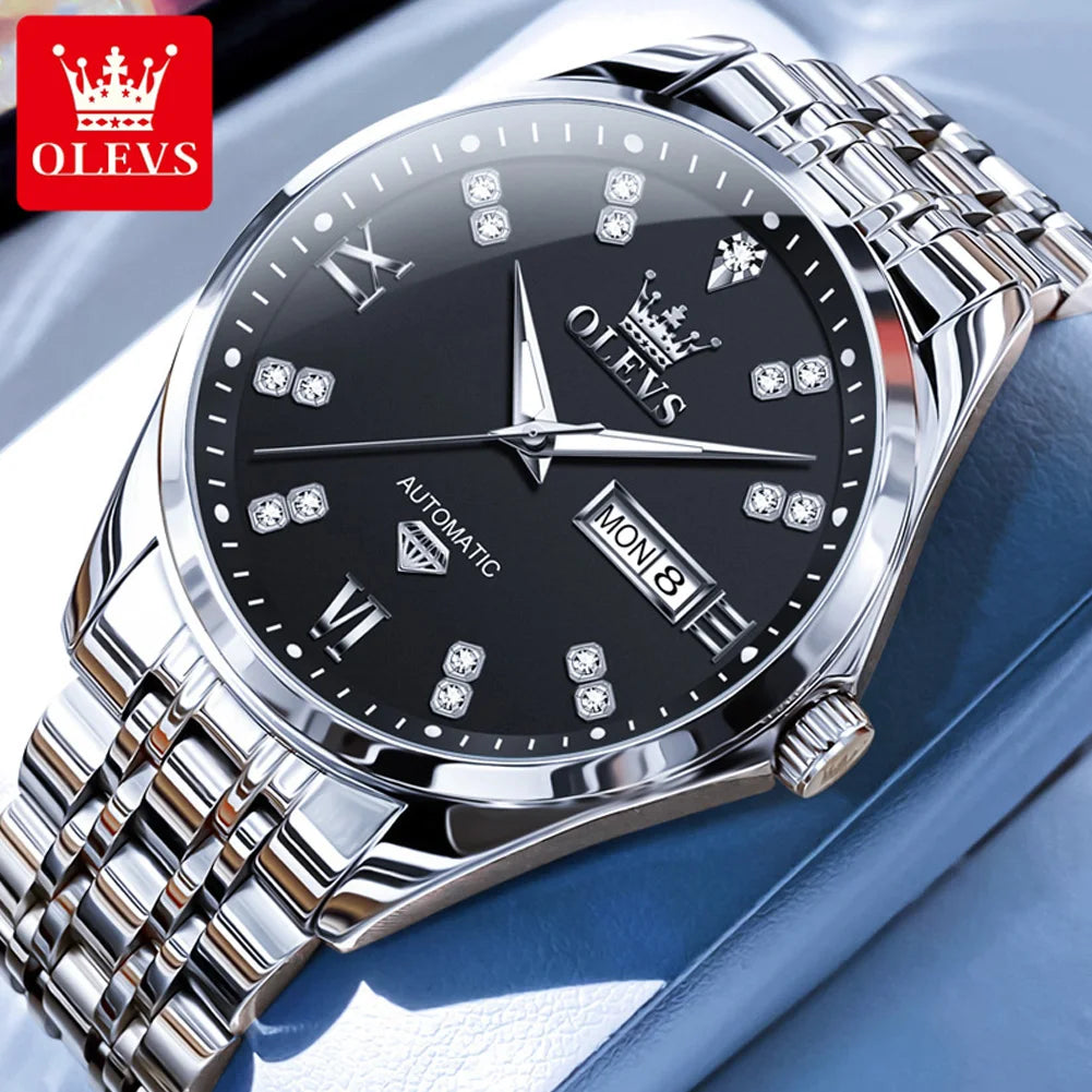 OLEVS Casual Fashion Men Watch Original Stainless Steel Waterproof Dual Calendar Luxury Automatic Mechanical Men's Wrist Watches