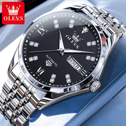 OLEVS Casual Fashion Men Watch Original Stainless Steel Waterproof Dual Calendar Luxury Automatic Mechanical Men's Wrist Watches