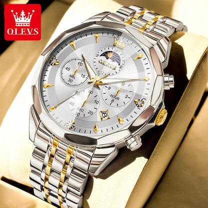 OLEVS Top Brand Fashion Business Watch for Men Original Stainless Steel Waterproof Calendar Quartz Multifunction Wrist Watch Men