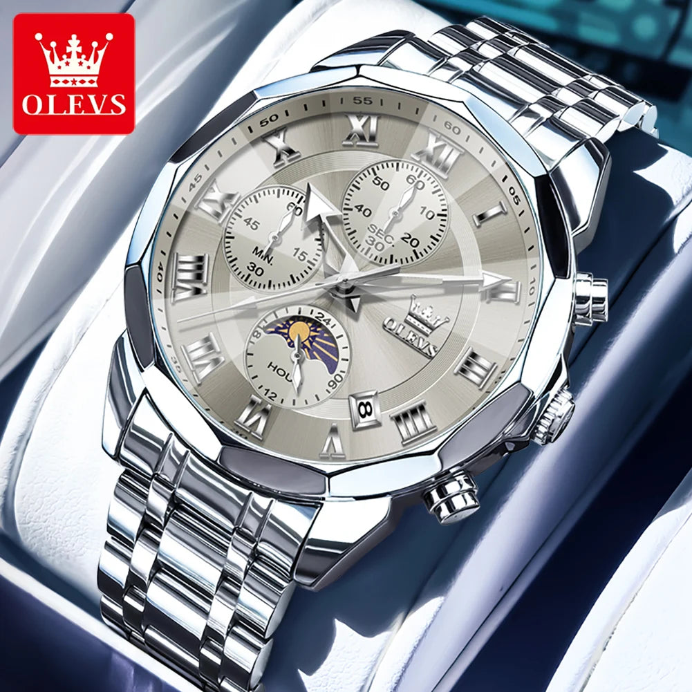 OLEVS High Quality Fashion Business Men Watch Original Stainless Steel Waterproof Multifunction New Quartz Men's Wrist Watches
