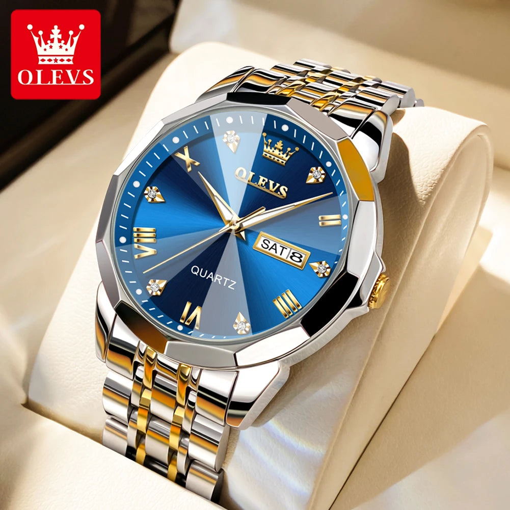 OLEVS New Fashion Top Brand Original Waterproof Watch for Men Luminous Calendar Stainless Steel Business Quartz Wrist Man Watch