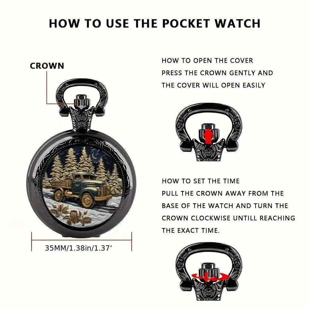 Vintage Unique Forest Truck Design Necklace Pendant Quartz Pocket Watch, Exquisite Accessory Great Watch for Men Women and Kids