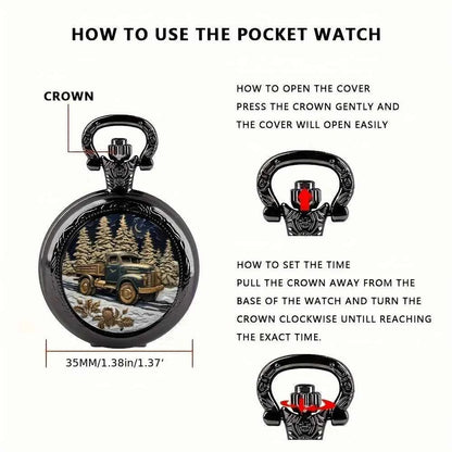 Vintage Unique Forest Truck Design Necklace Pendant Quartz Pocket Watch, Exquisite Accessory Great Watch for Men Women and Kids