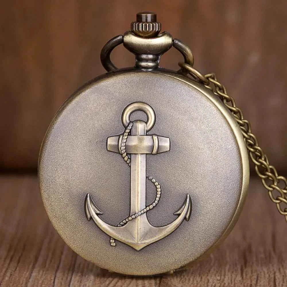 Retro Anchor Hook Cartoon Design Quartz Pocket Watch with Necklace Chain Pendant Gift Men's Elegant Clock