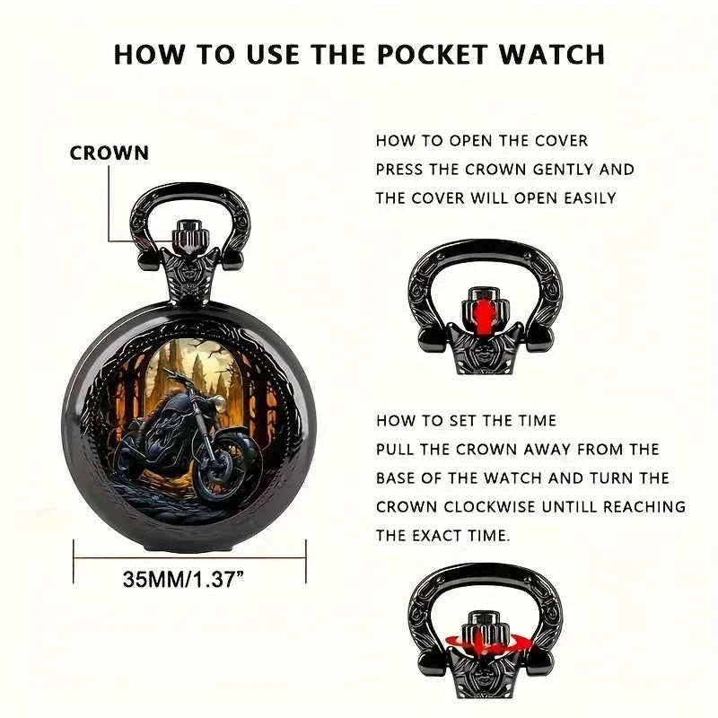 Classic Vintage Black Motorcycle Quartz Pocket Watch, Necklace Pendant With World Time Feature, Ideal Gift For Men & Women and K