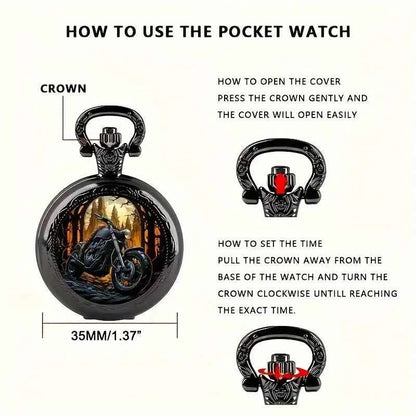 Classic Vintage Black Motorcycle Quartz Pocket Watch, Necklace Pendant With World Time Feature, Ideal Gift For Men & Women and K