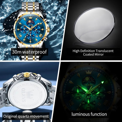 OLEVS Original Fashion Men Watch Stainless Steel Waterproof Luminous Dual Calendar Luxury Multifunction Quartz Men's Wrist Watch