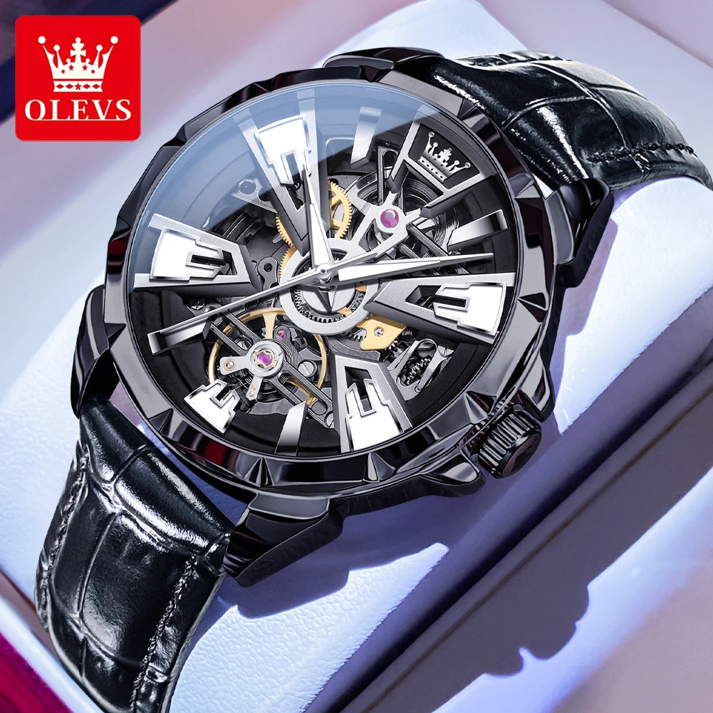 OLEVS Original Fashion Trend Business Men Watch Top Brand High Quality Skeleton Leather Strap Automatic Mechanical Watch for Men