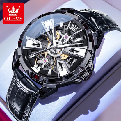 OLEVS Original Fashion Trend Business Men Watch Top Brand High Quality Skeleton Leather Strap Automatic Mechanical Watch for Men