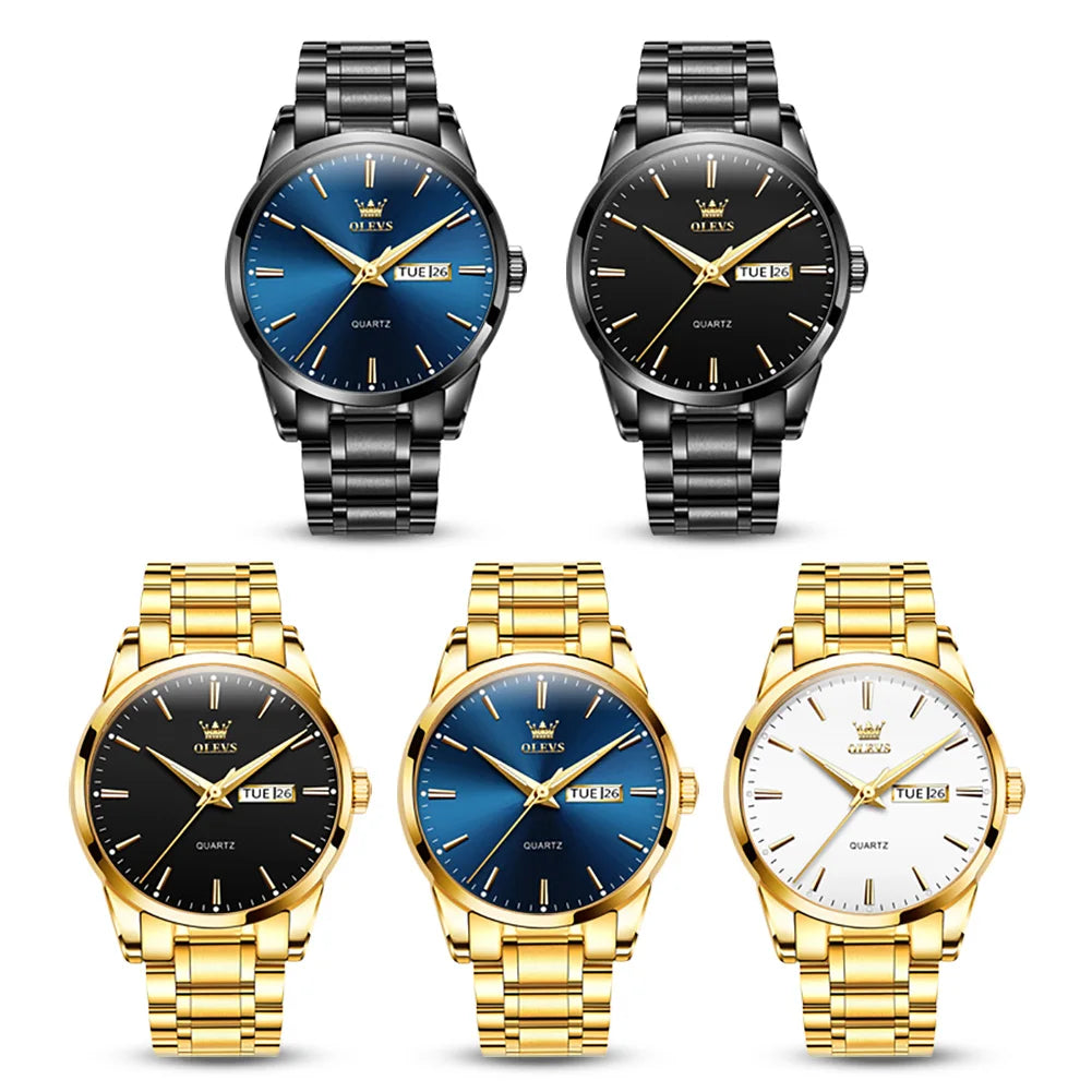 OLEVS Men Watches Waterproof Stainless Steel Quartz Male Wristwatch Gold Watch Fashion Luminous Luxury Calendar Business Clock