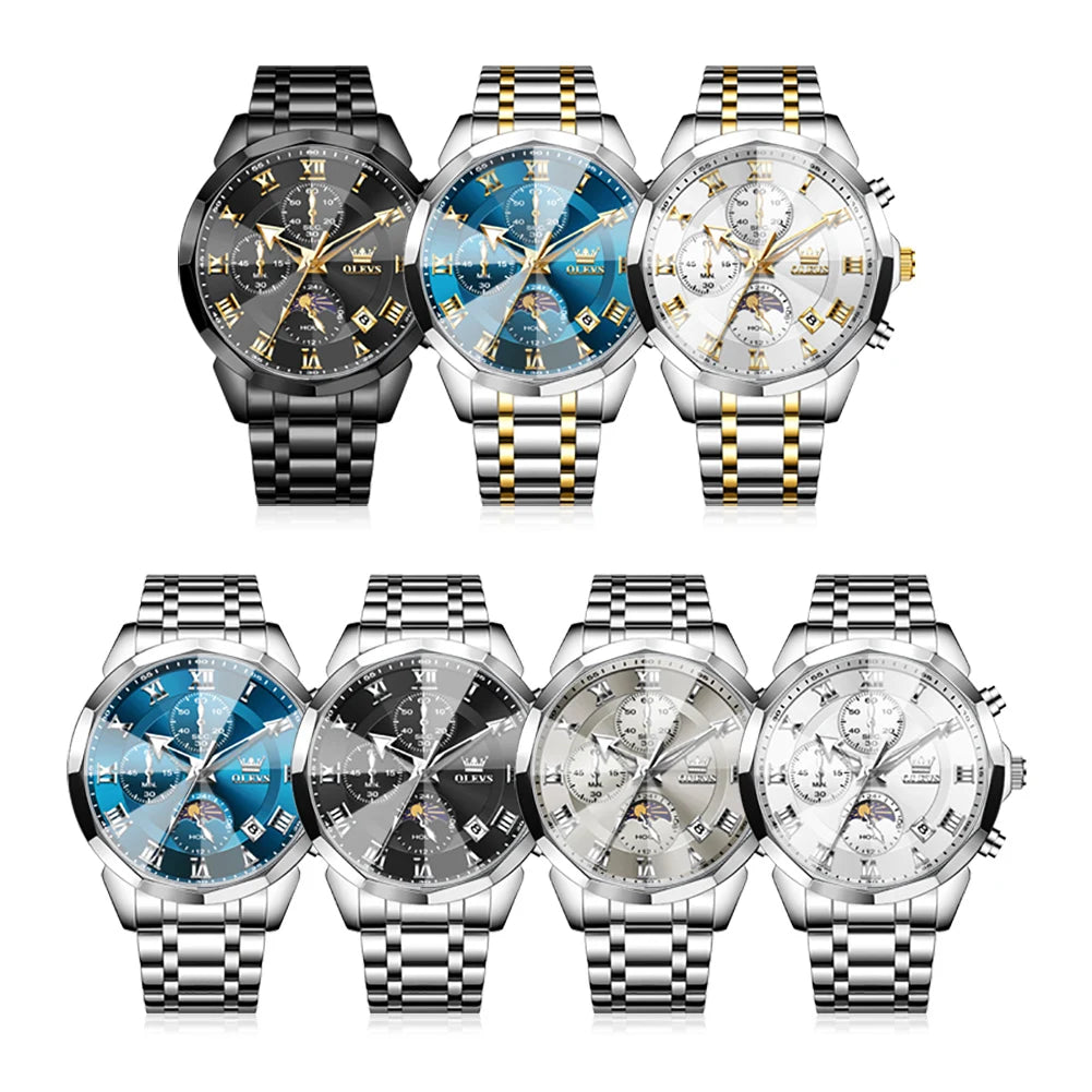 OLEVS High Quality Fashion Business Men Watch Original Stainless Steel Waterproof Multifunction New Quartz Men's Wrist Watches