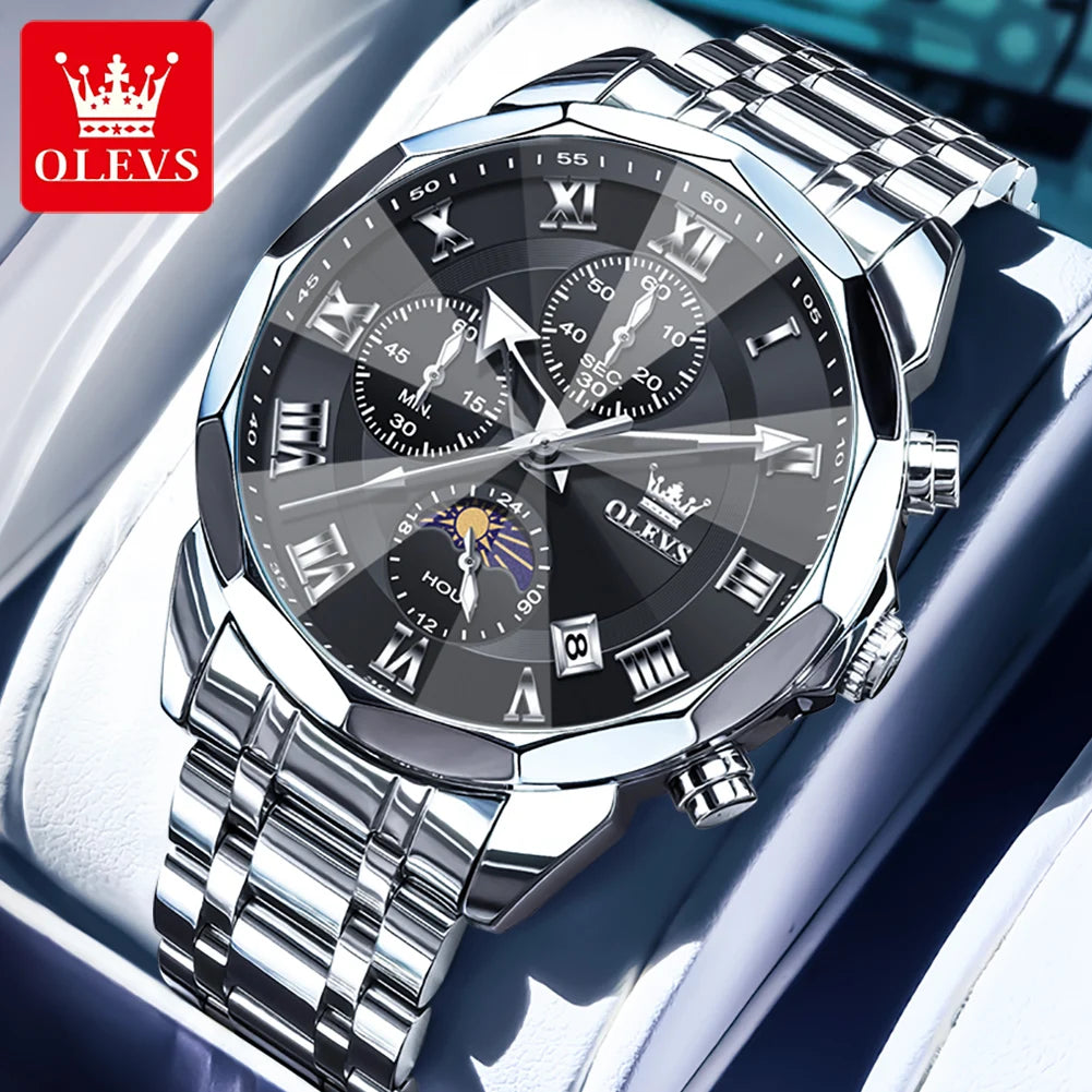 OLEVS High Quality Fashion Business Men Watch Original Stainless Steel Waterproof Multifunction New Quartz Men's Wrist Watches