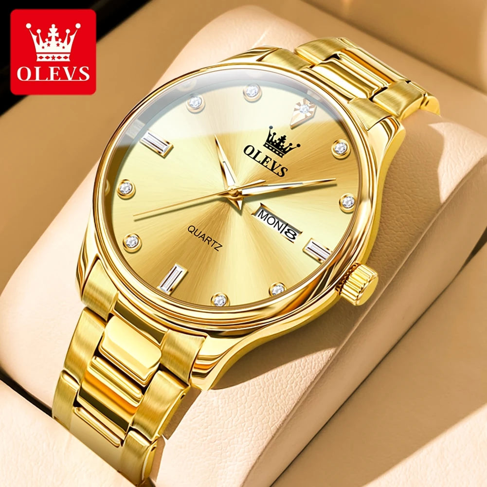 OLEVS Casual Simple Men's Wrist Watches Original Stainless Steel Waterproof Luminous Dual Calendar Quartz Fashion Watch for Men