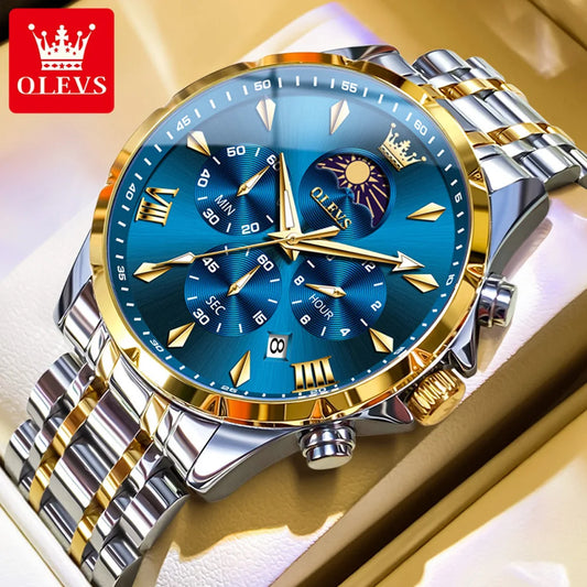OLEVS Original Fashion Men Watch Stainless Steel Waterproof Luminous Dual Calendar Luxury Multifunction Quartz Men's Wrist Watch