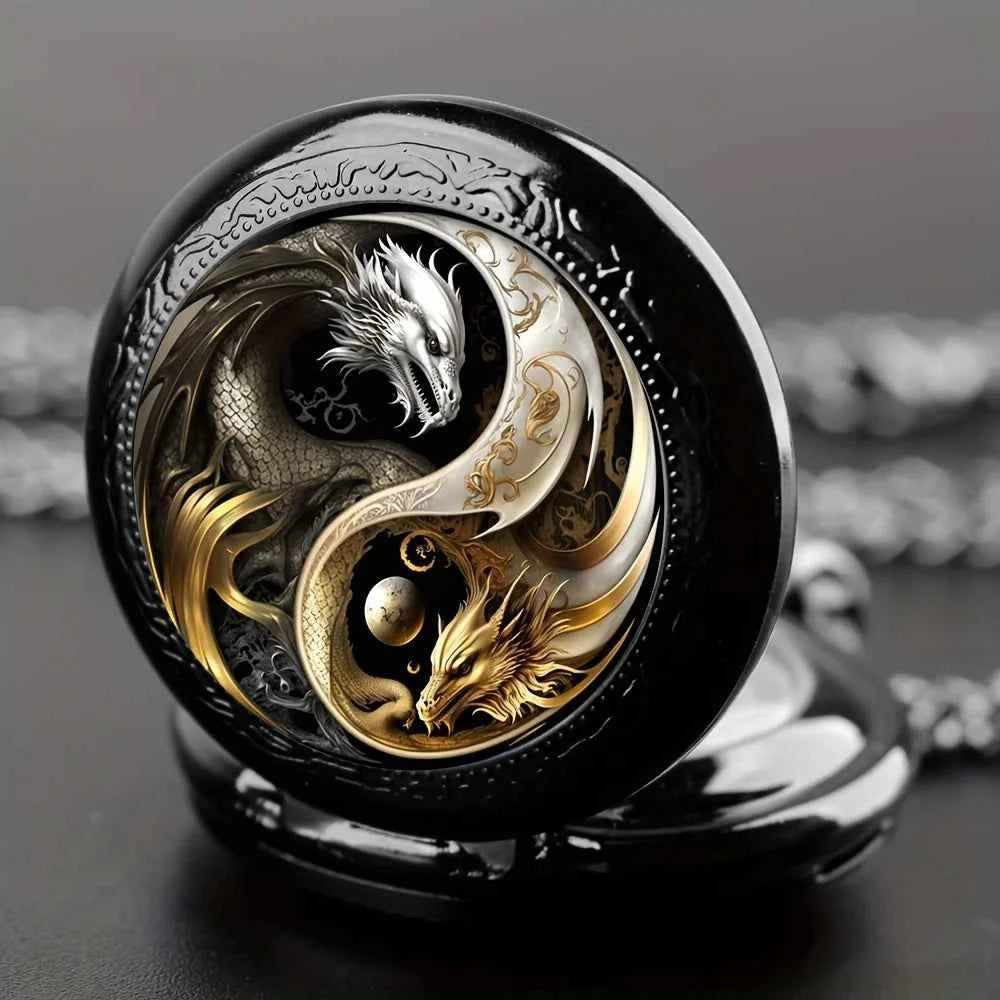Vintage Inspired Double Dragon Pocket Watch Design with Dual-Tone Golden and Silvery Colors, Precise Quartz Movement  Watch
