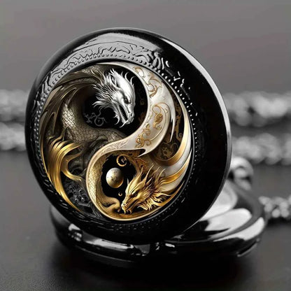 Vintage Inspired Double Dragon Pocket Watch Design with Dual-Tone Golden and Silvery Colors, Precise Quartz Movement  Watch