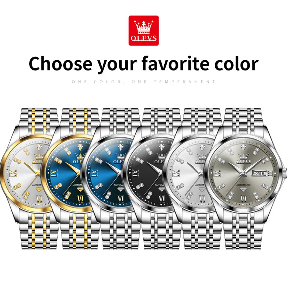 OLEVS Casual Fashion Men Watch Original Stainless Steel Waterproof Dual Calendar Luxury Automatic Mechanical Men's Wrist Watches