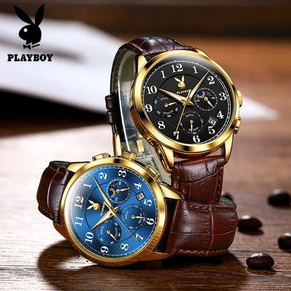 PLAYBOY Fashion Luxury Multifunction Quartz Men's Watches Original Waterproof Calendar Luminous Leather Strap Wrist Watch Men