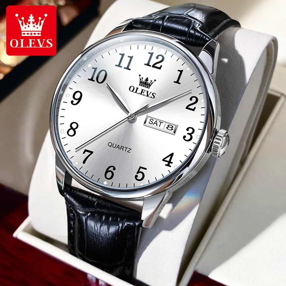 OLEVS Classic Men's Watch Quartz Leather Strap Digital Dial Wristwatches Date Business Casual Watches for Men Relogios Masculino