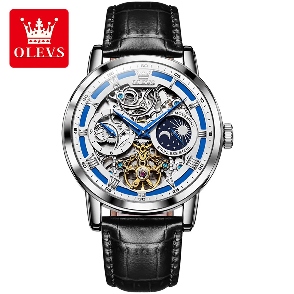 OLEVS Men's Watches Flywheel Hollow Out Full-Automatic Mechanical Wristwatch For Men Waterproof Genuine Leather Moon Phase Watch