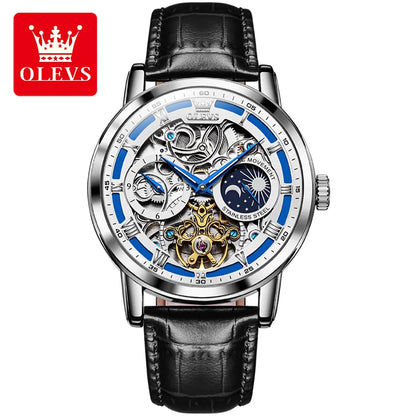 OLEVS Men's Watches Flywheel Hollow Out Full-Automatic Mechanical Wristwatch For Men Waterproof Genuine Leather Moon Phase Watch