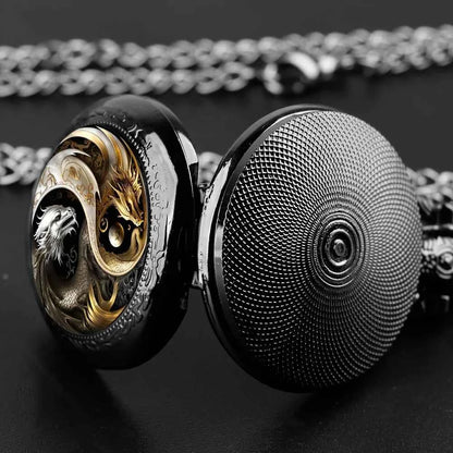 Vintage Inspired Double Dragon Pocket Watch Design with Dual-Tone Golden and Silvery Colors, Precise Quartz Movement  Watch