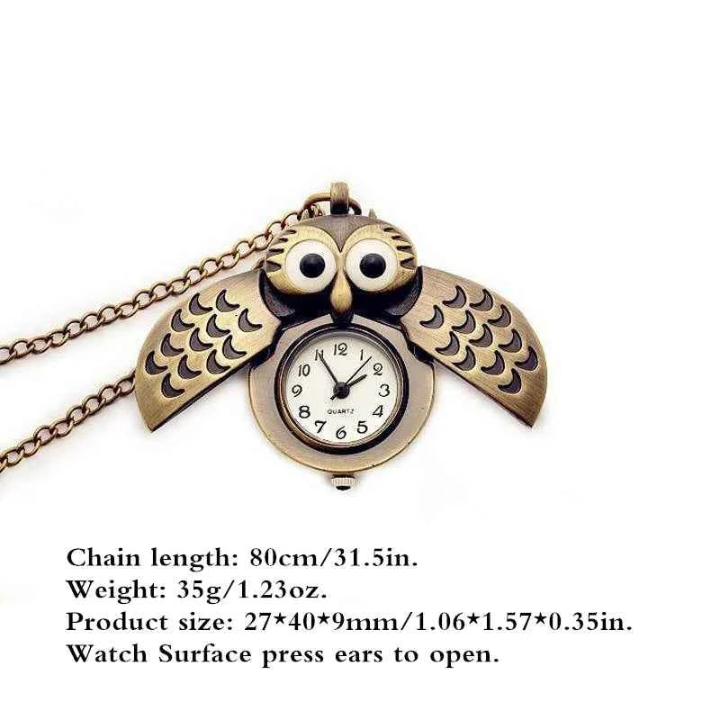Bronze Mini Owl Keychains Animals  Quartz Pocket Watch Men Fans Souvenir Gifts with 80cm Neck Chain Gift Watch