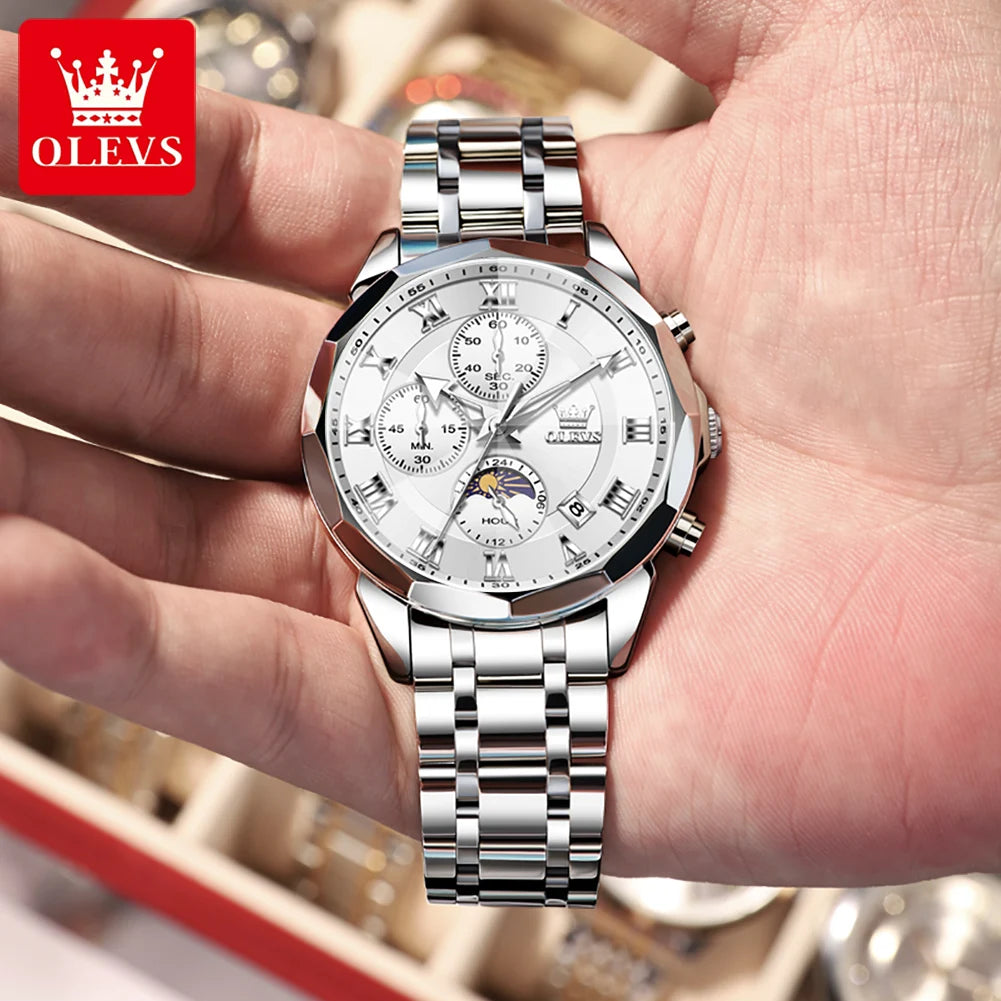 OLEVS High Quality Fashion Business Men Watch Original Stainless Steel Waterproof Multifunction New Quartz Men's Wrist Watches