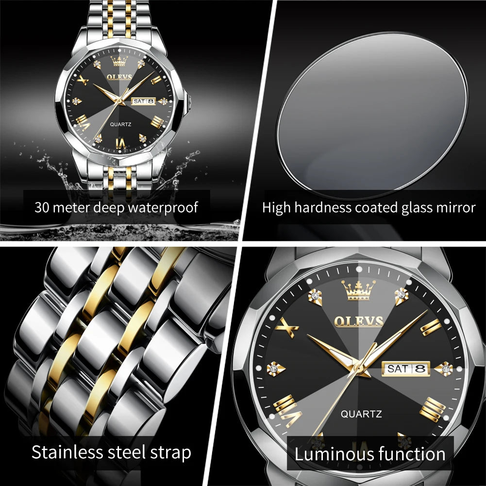 OLEVS Top Brand Original Business New Fashion Waterproof Watch for Men Luminous Calendar Stainless Steel Quartz Wrist Man Watch