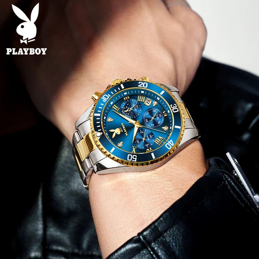 PLAYBOY High Quality Fashion Watch for Men Original Stainless Steel Waterproof Calendar Luxury Multifunction Quartz Men Watch