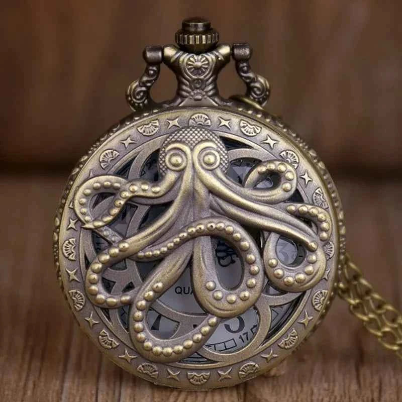 Retro Black and Bronze Octopus Quartz Pocket Watch With Necklace Chain Gift for Male Women Chronograph Hombre Relojes