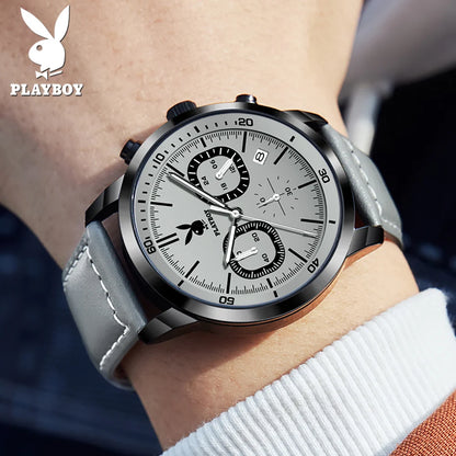 PLAYBOY Original Classic Leather Strap Men Quartz Watch Top Brand Multifunction Wrist Watch Men Casual Fashion Watches for Men