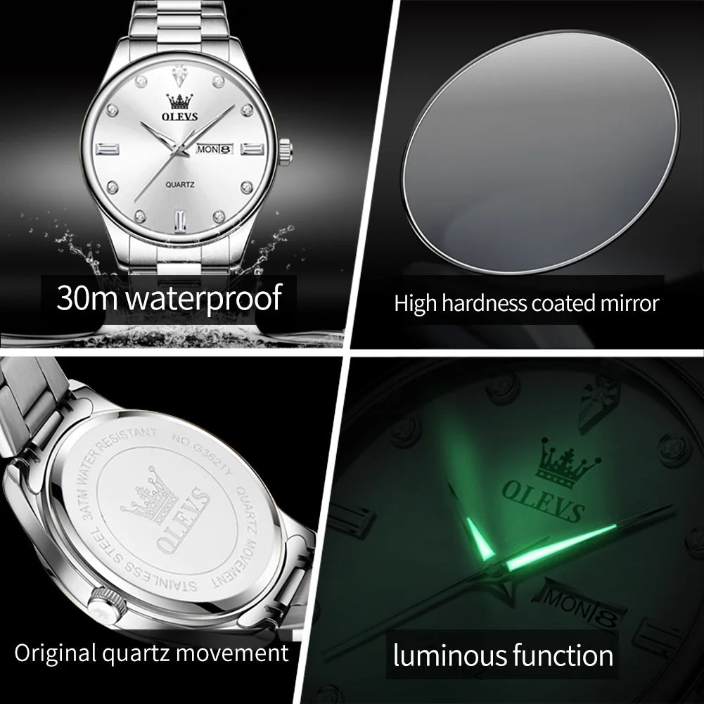 OLEVS Casual Simple Men's Wrist Watches Original Stainless Steel Waterproof Luminous Dual Calendar Quartz Fashion Watch for Men