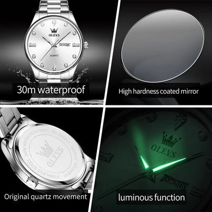 OLEVS Casual Simple Men's Wrist Watches Original Stainless Steel Waterproof Luminous Dual Calendar Quartz Fashion Watch for Men