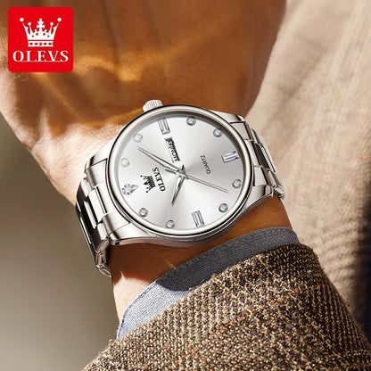 OLEVS Casual Simple Men's Wrist Watches Original Stainless Steel Waterproof Luminous Dual Calendar Quartz Fashion Watch for Men