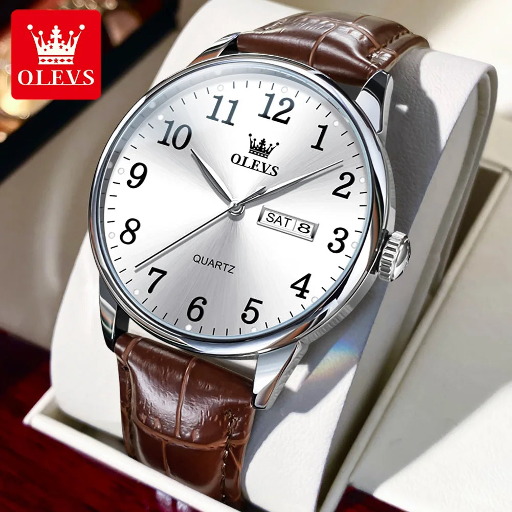 OLEVS Classic Men's Watch Quartz Leather Strap Digital Dial Wristwatches Date Business Casual Watches for Men Relogios Masculino