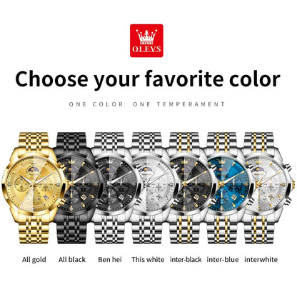 OLEVS Top Brand Fashion Business Watch for Men Original Stainless Steel Waterproof Calendar Quartz Multifunction Wrist Watch Men