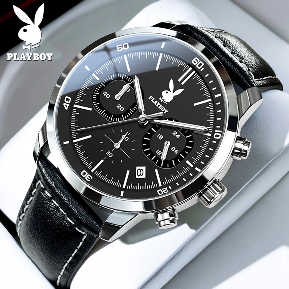 PLAYBOY Original Classic Leather Strap Men Quartz Watch Top Brand Multifunction Wrist Watch Men Casual Fashion Watches for Men