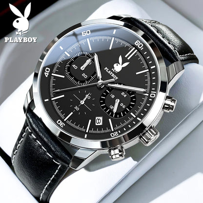 PLAYBOY Original Classic Leather Strap Men Quartz Watch Top Brand Multifunction Wrist Watch Men Casual Fashion Watches for Men