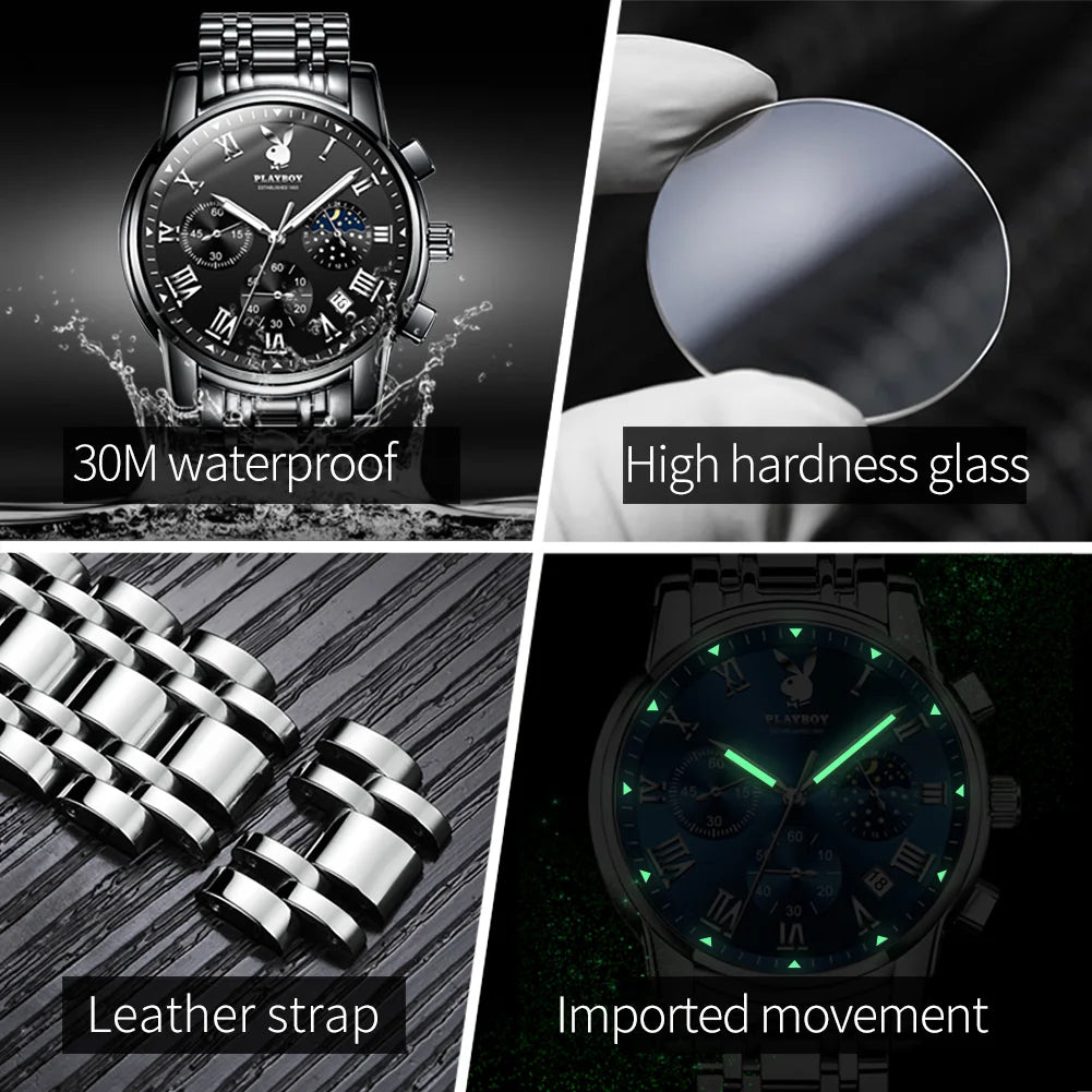 PLAYBOY Top Brand Quartz Watches for Men Waterproof Moon Phase Luxury Men's Watches Elegant  Fashion Original Wrist Watch Men