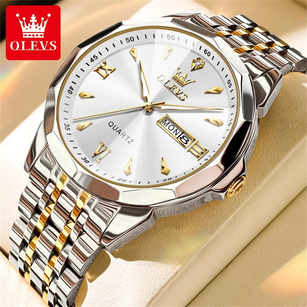 OLEVS Casual Fashion Business Men Quartz Watch Stainless Steel Waterproof Calendar Luminous Original Luxury Men's Wrist Watches