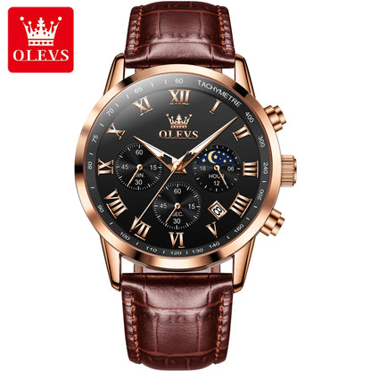 OLEVS Luxury Quartz Watch for Men Business Waterproof Sport Male Watches Leather Strap Moon Phase Wristwatch Relogios Masculino