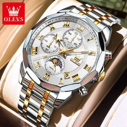 OLEVS High Quality Fashion Business Men Watch Original Stainless Steel Waterproof Multifunction New Quartz Men's Wrist Watches
