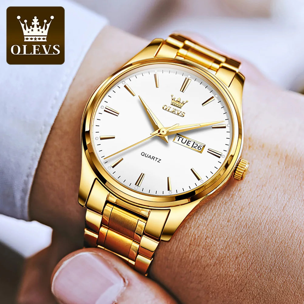 OLEVS Men Watches Waterproof Stainless Steel Quartz Male Wristwatch Gold Watch Fashion Luminous Luxury Calendar Business Clock