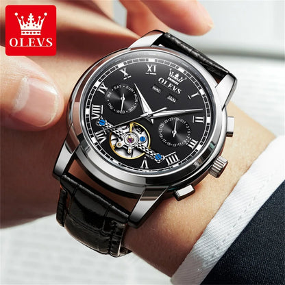OLEVS Casual Fashion Men's Wrist Watches Best Selling Leather Strap Skeleton Multifunction Luxury Automatic Mechanical Men Watch