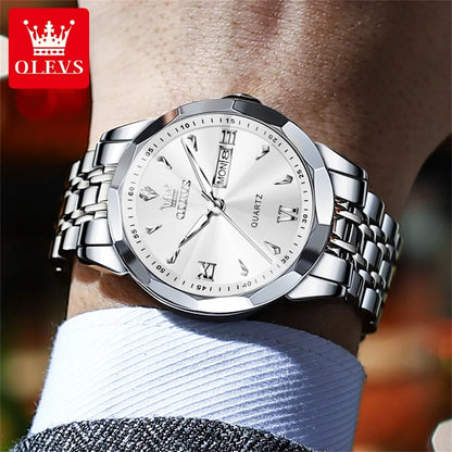 OLEVS Casual Fashion Business Men Quartz Watch Stainless Steel Waterproof Calendar Luminous Original Luxury Men's Wrist Watches