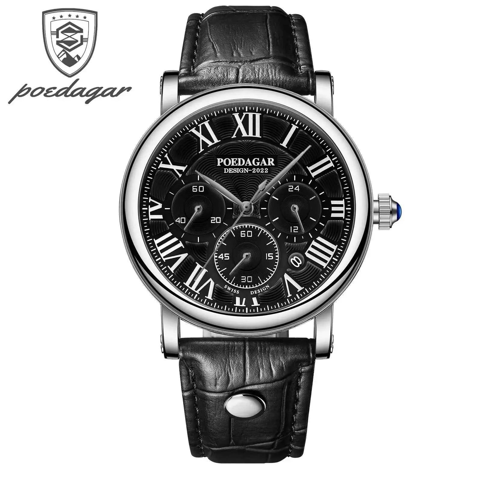 POEDAGAR Men Watch Fashion Chronograph Quartz Watches High Quality Leather Waterproof Luminous Week Date Business Man Wristwatch