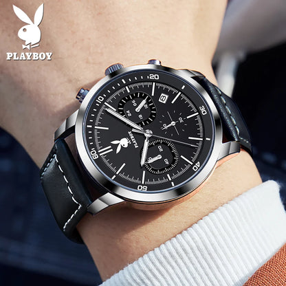 PLAYBOY Top Brand Quartz Watch for Men Original Waterproof Leather Strap Wrist Watch Men Best Selling Fashion Luxury Mens Watch