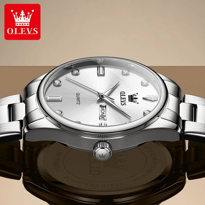 OLEVS Casual Simple Men's Wrist Watches Original Stainless Steel Waterproof Luminous Dual Calendar Quartz Fashion Watch for Men